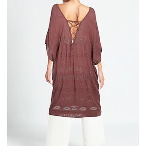 Akep Brown Jumper, Semi Sheer Sweater, Boho Lace Up Back Beach Cover Up